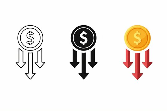 Downward arrows with dollar sign and gold coin icons