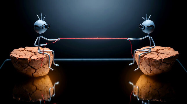 Two wire stickmen sitting on cracked earth pulling a red thread