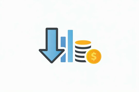 Down arrow icon with money stack and gold coin symbolizing financial decrease or loss