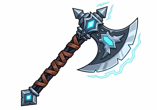 Fantasy battle axe with magical glowing blue crystals and lightning effects.