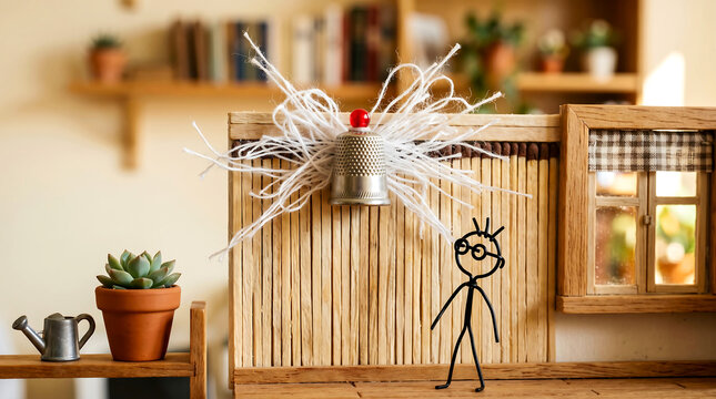Minimalist wire stickman in a miniature wooden room with a thimble lamp