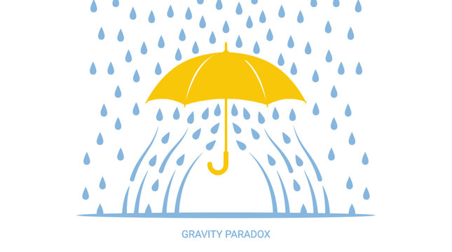 Yellow umbrella with raindrops falling upwards in a gravity defying scene