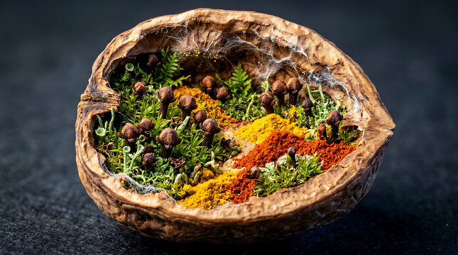 Miniature moss and spice forest growing inside a walnut shell