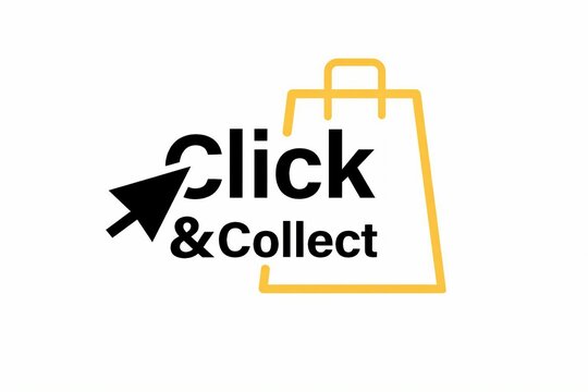 Click and collect shopping service logo with shopping bag and arrow icon