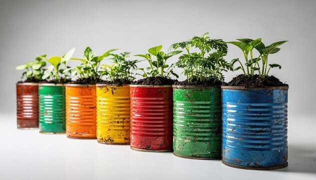 Row of colorful upcycled tin cans, repurposed as vibrant planters, nurture young, green seedlings, highlight a hopeful and sustainable approach to gardening and urban greening on a clean, bright backg