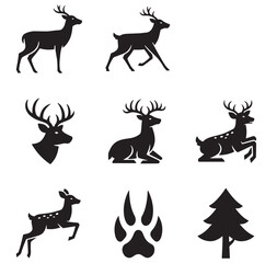 Obraz premium black silhouettes of deer and tree on white background for graphic design