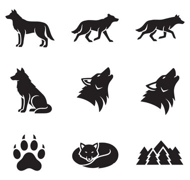 Black silhouettes of wolves and wolf tracks on white background