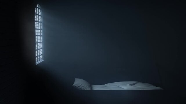 Vintage prison cell with bed and light rays through arched window	