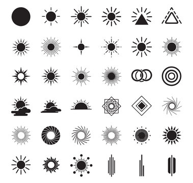 Collection of black sun and abstract geometric shapes icons on white background