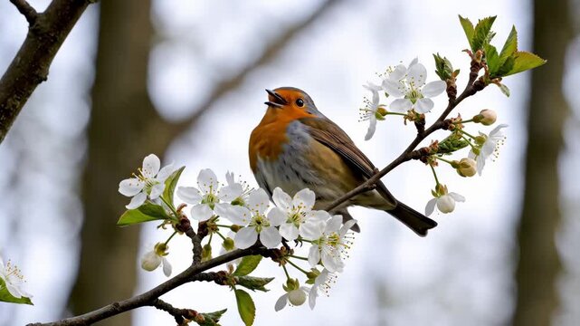 European robin perched on a blossoming cherry tree branch singing in spring.