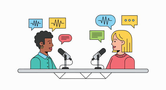 Illustration of a man and woman sitting at a table with microphones, engaged in a conversation with speech bubbles above them, against a clean white background.