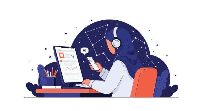 Muslim female student wearing a hijab and headphones using a desktop computer and smartphone with AI speech bubble, sitting at a desk against a celestial starry background.