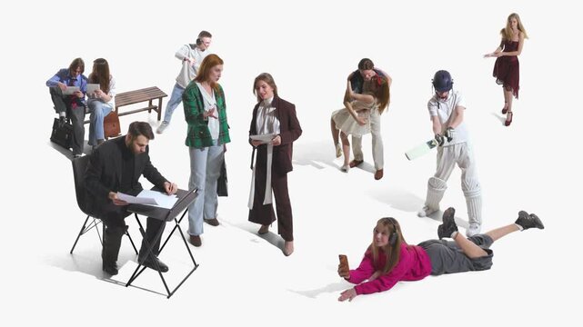Large group of young people with work sport dance and leisure activities. Concept of campus life advertising, career choice, sports club promotion, dance class content and youth community campaign.