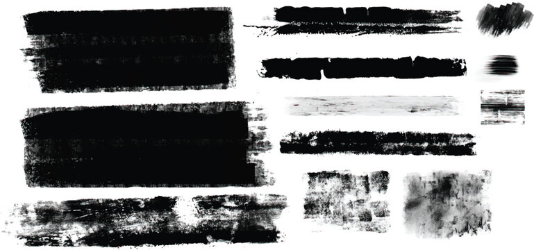 Straight Line Vector Brush Strokes Set | Black Hand Drawn Paint Smears, Grunge Roller Stripes, Rough Linocut Stamp Textbox Texture Collection