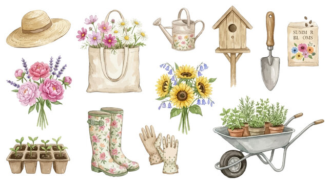 Vintage garden objects and blooming flowers in soft watercolor style. Collection of Vector illustrations for invitation, card, poster, banner, decoration