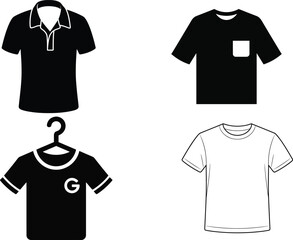 Naklejka premium Collection of modern shirt icons including polo, pocket tee, hanger display, and outlined T-shirt design vector illustration
