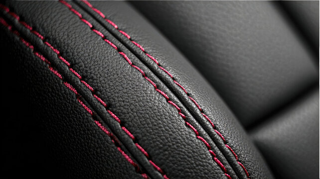 A detailed macro closeup of a textured black leather car seat with detailed red stitching  showcasing its intricate surface design and pattern