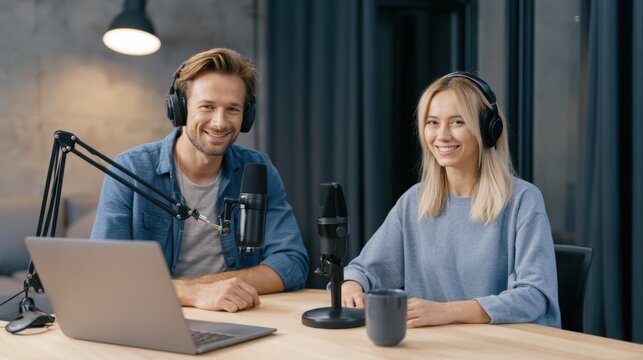 studio recording. Two individuals in headphones sitting at a wooden table with microphones and a laptop, engaged in a studio recording session in a modern indoor setting with soft lighting