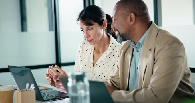 Laptop, meeting and business people in office with planning for revenue growth with report. Tech, discussion and mature team of financial advisors with computer for investment proposal in workplace.
