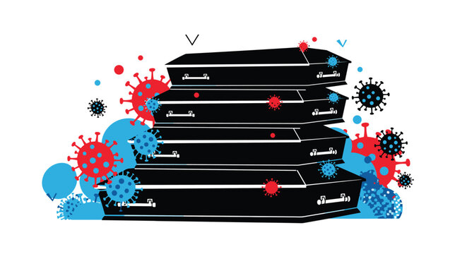 Stack of black coffins surrounded by red and blue virus cells to represent the high mortality rate during a global pandemic.