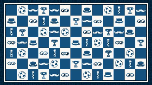 Father&rsquo;s Day Soccer Pattern Animation. Looping animated 4K checkerboard background featuring soccer balls, trophies, hats, ties, glasses, mustaches, and Best Dad Ever icons in playful sports motion.