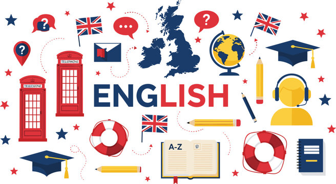Colorful Flat English Language Learning Banner with UK Flag Phone Booth Globe Graduation Cap Book Pencil Headphones and Speech Bubble Vector Illustration