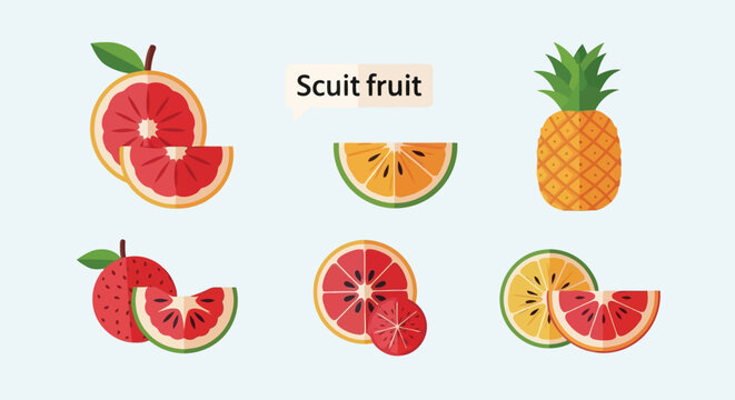 Assortment of colorful cartoon fruit slices and whole fruits on a light blue background Keywords: fruit, slice, grapefruit, pineapple, strawberry