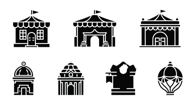 Assortment of eight black silhouette icons of various buildings and structures tent circus tent