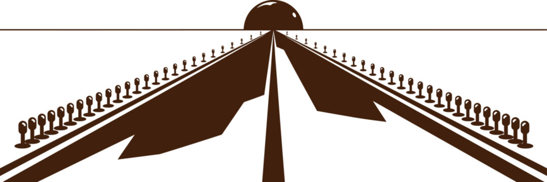 Brown illustration of a press conference with multiple microphones