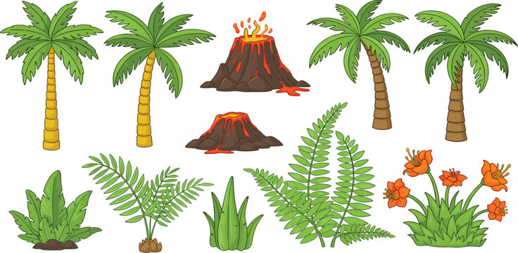 Prehistoric jungle landscape elements vector set collection with erupting volcano palm trees tropical ferns and exotic bushes for dinosaur nature backdrop game design illustration