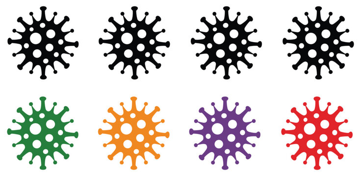 COVID-19 Virus Icon Set: Collection of stylized virus representations in black, green, orange, purple, and red. Medical symbol, health crisis, infectious disease, microscopic organism.