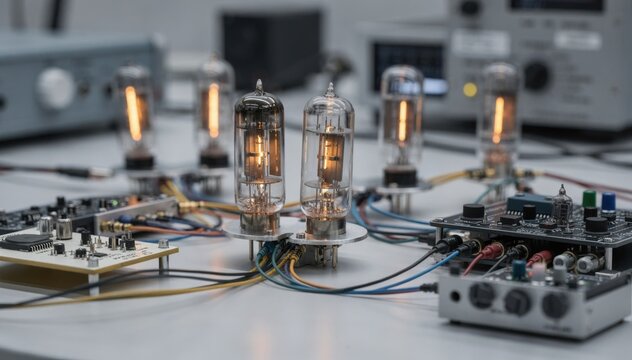 Medium shot showcasing an audio tube prototype setup on a lab bench highlighting delicate glass structures and sound modulation components in development.