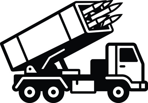 Military rocket launcher truck icon black and white vector illustration