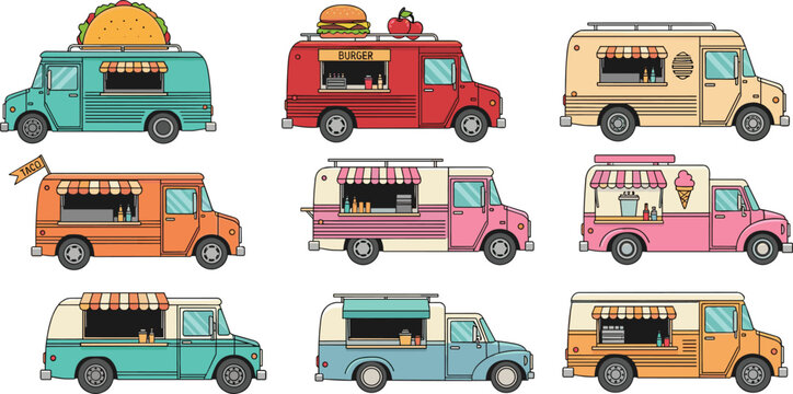 Street food trucks and mobile kitchen vans vector set collection selling tacos burgers coffee and ice cream for festival catering business graphic design illustration