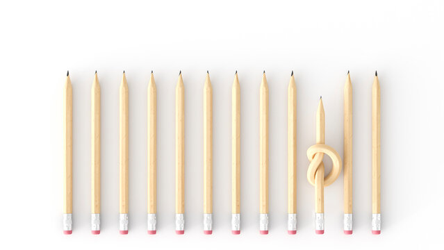 Pencil with knot amid straight pencils, 3d rendering