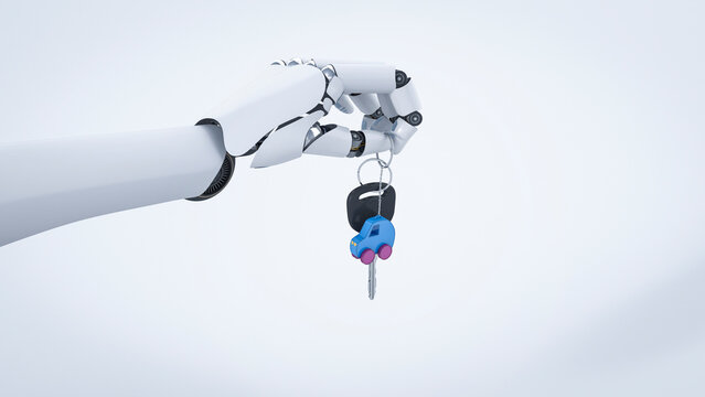 Robot hand giving car key, electric car