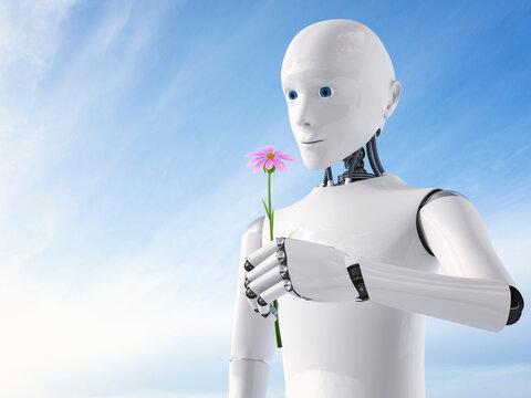 3D Rendering, Roboter holding flower