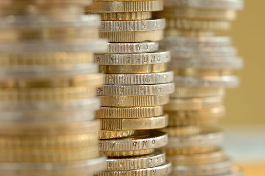 Piled euro coins, close-up