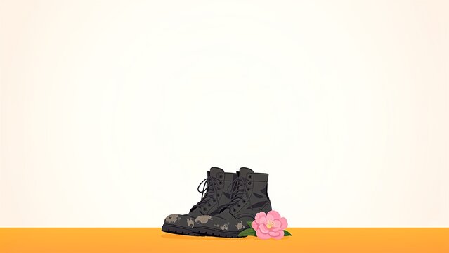 Conceptual Illustration of Black Military Combat Boots with a Pink Flower Symbolizing Peace and Remembrance