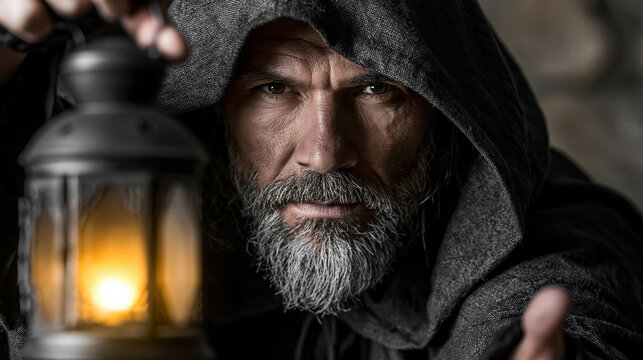 Hooded man bearded man old man lantern candlelight hood cloak dark mystery portrait intense stare glow flame gothic fantasy medieval night face male wrinkle gray beard shadow dramatic moody spooky