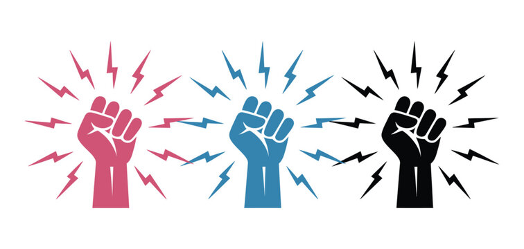 Fist Knocking Impact Icon Set with Hand Hit Gesture Outline in Red, Blue and Black Variations for Alert Notifications, Door Knock Actions and Warning Symbols