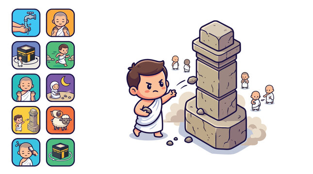 Modern cute chibi flat vector illustration set of Hajj pilgrimage rituals featuring a man in ihram throwing stones at the Jamarat pillar alongside a series of religious step icons.