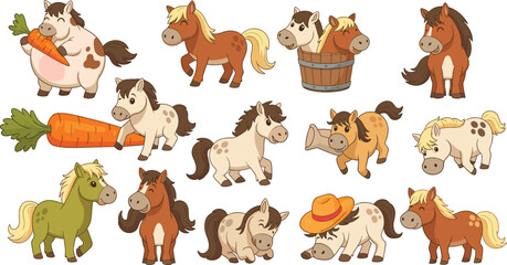 Fototapeta premium Cute cartoon farm horses and little pony character mascots vector set collection with big carrots and cowboy hats for children storybook educational illustration design