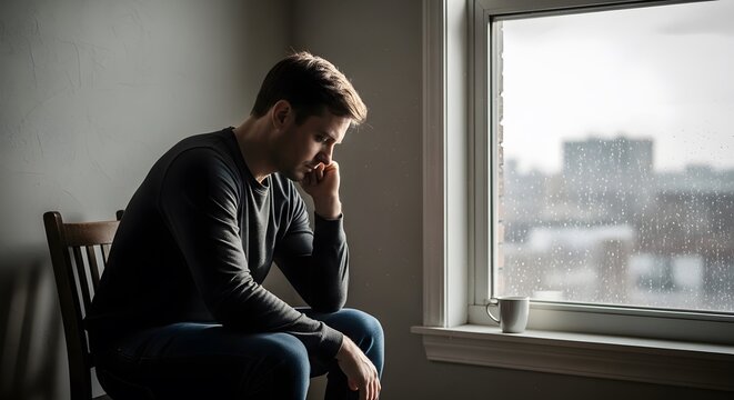 Sad and contemplative man sitting by a window on a rainy day, reflecting on thoughts or experiencing feelings of loneliness and introspection.