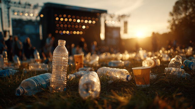 Plastic waste scattered across music festival ground after outdoor concert with environmental pollution and littering concept