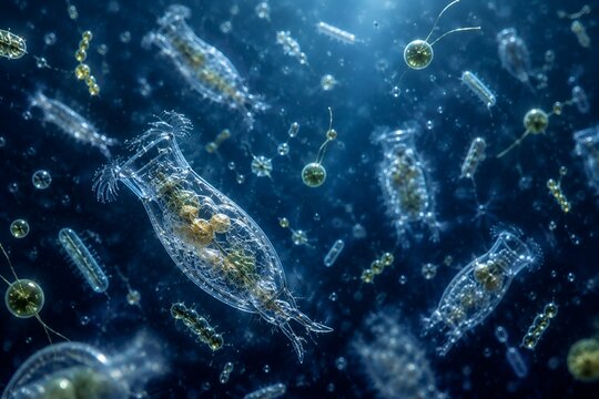 Microscopic view of various plankton and microorganisms in blue water environment.