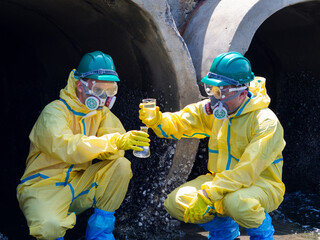 Obraz premium Water quality monitoring: Analyzing hazardous wastewater samples collected from contaminated coastal waters, while monitoring ecological damage and industrial contamination sources.