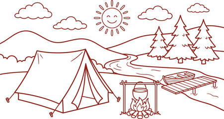 Camping scene with tent campfire and serene landscape © mdtaher