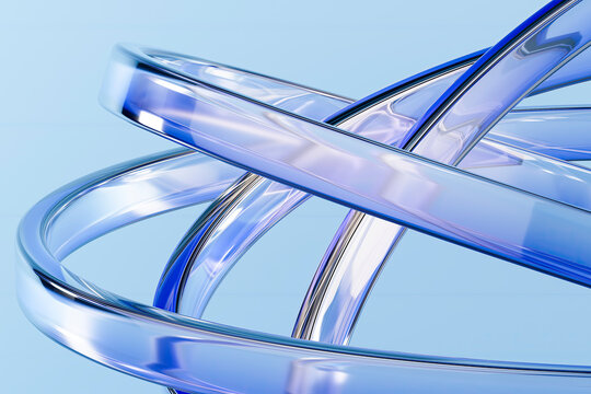 Abstract design of intertwined glass rings with a blue hue