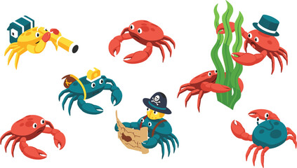 Cute isometric cartoon pirate and explorer crabs vector set collection with treasure map telescope and seaweed for children ocean adventure game design illustration © Suchana